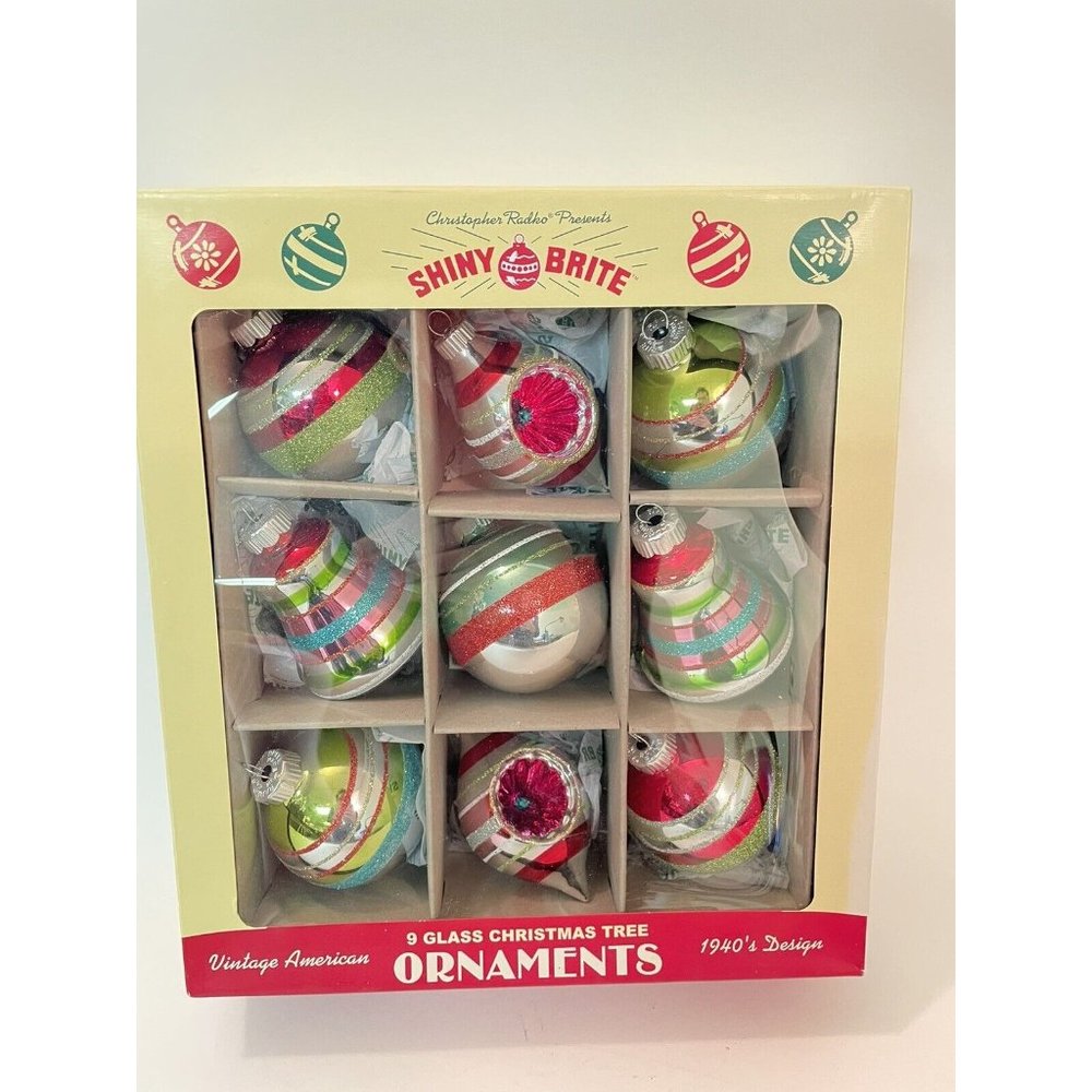 Set of 9 Vintage 1940s Design Christopher Radko Shiny Brite Ornaments New 3"